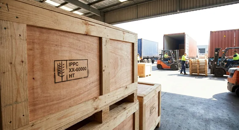 Industriepalette mit IPPC-ISPM-15-Markierung HT und deutscher Registriernummer auf Lagerflaeche