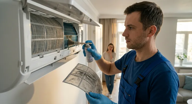 Person reinigt den herausgenommenen Filter eines Split-Klimageräts unter fließendem Wasser, daneben Ersatzfilter und Reinigungsspray