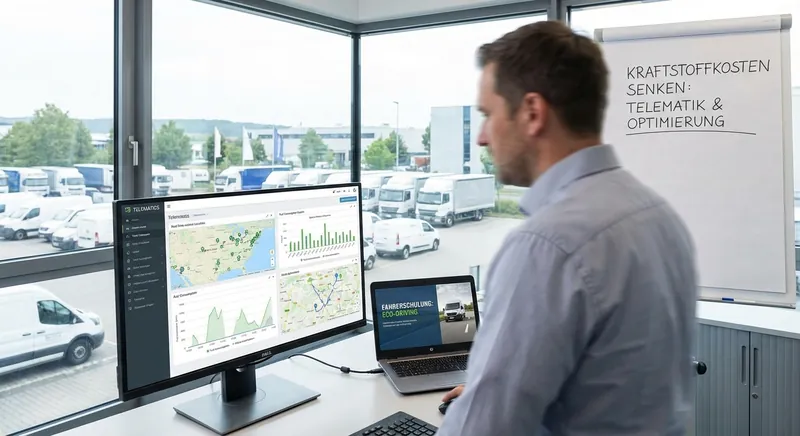 Fuhrparkleiter prüft Telematik-Daten auf einem Monitor, im Hintergrund LKW-Flotte auf dem Betriebshof