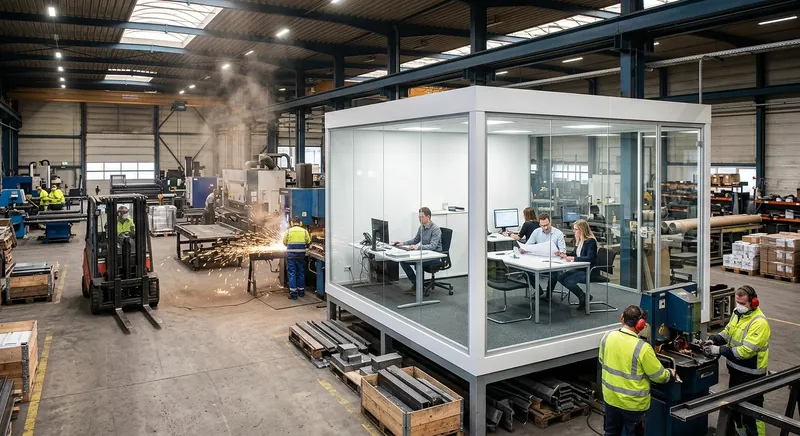 Lärm, Staub und Ablenkung in der Halle: Wie Hallenbüros und Schallschutzlösungen die Produktivität sichern