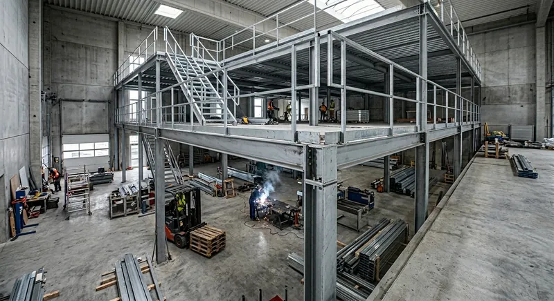 Lagerbühne mit Geländerkonstruktion, Treppe und Übergabestation in einer Industriehalle