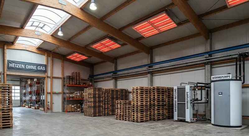 Infrarot-Dunkelstrahler unter der Hallendecke einer Logistikhalle, im Hintergrund Hochregale und ein Elektrostapler