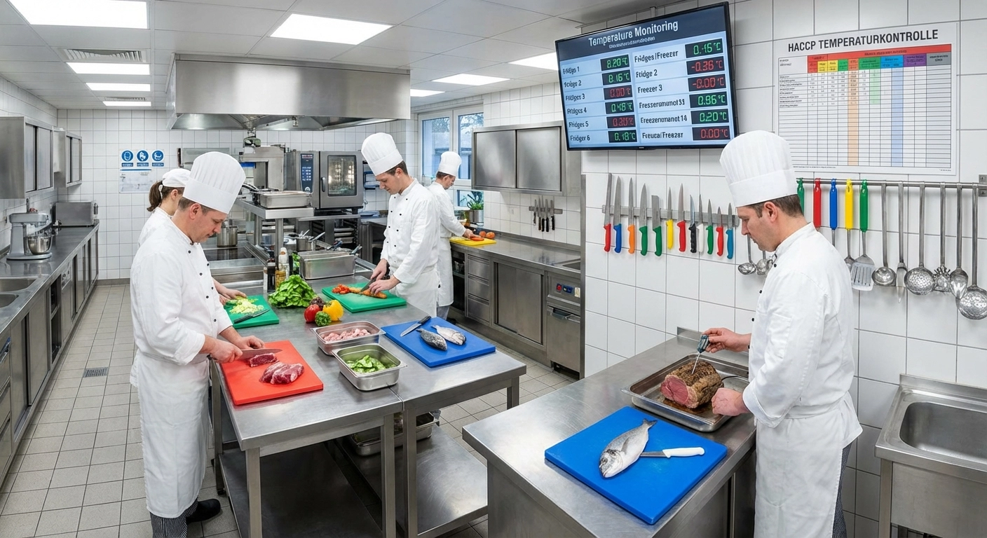 Lebensmittelsicherheit in der Großküche: Farbcodierte Lagerung, Temperaturkontrolle und HACCP-konforme Ausstattung