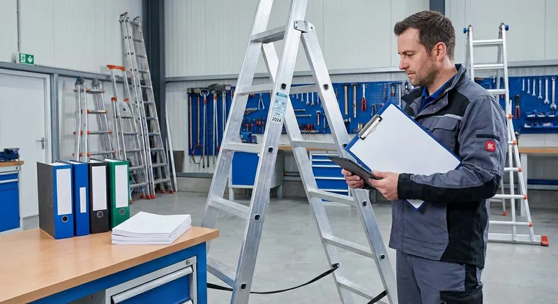 Fachkraft prüft eine Aluminium-Stufenleiter in einer Werkstatt, Prüfplakette und Dokumentationsordner im Vordergrund