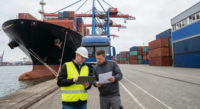 Lkw-Flotte eines Logistikdienstleisters mit Compliance-Dokumentation im Vordergrund