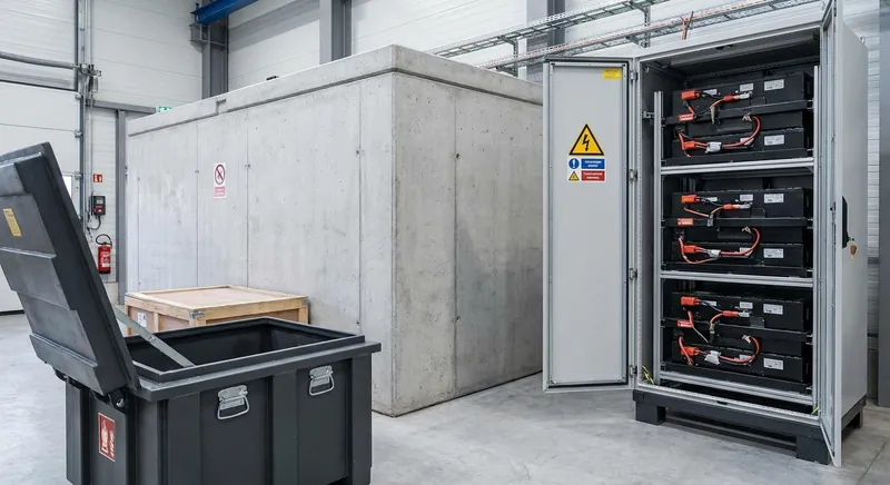 Lithium-Ionen-Batterien Lagerebenen: Brandschutzbox, Ladeschrank mit Steckdosenleisten, F90-Brandschutzcontainer und begehbares Betonlager im Vergleich