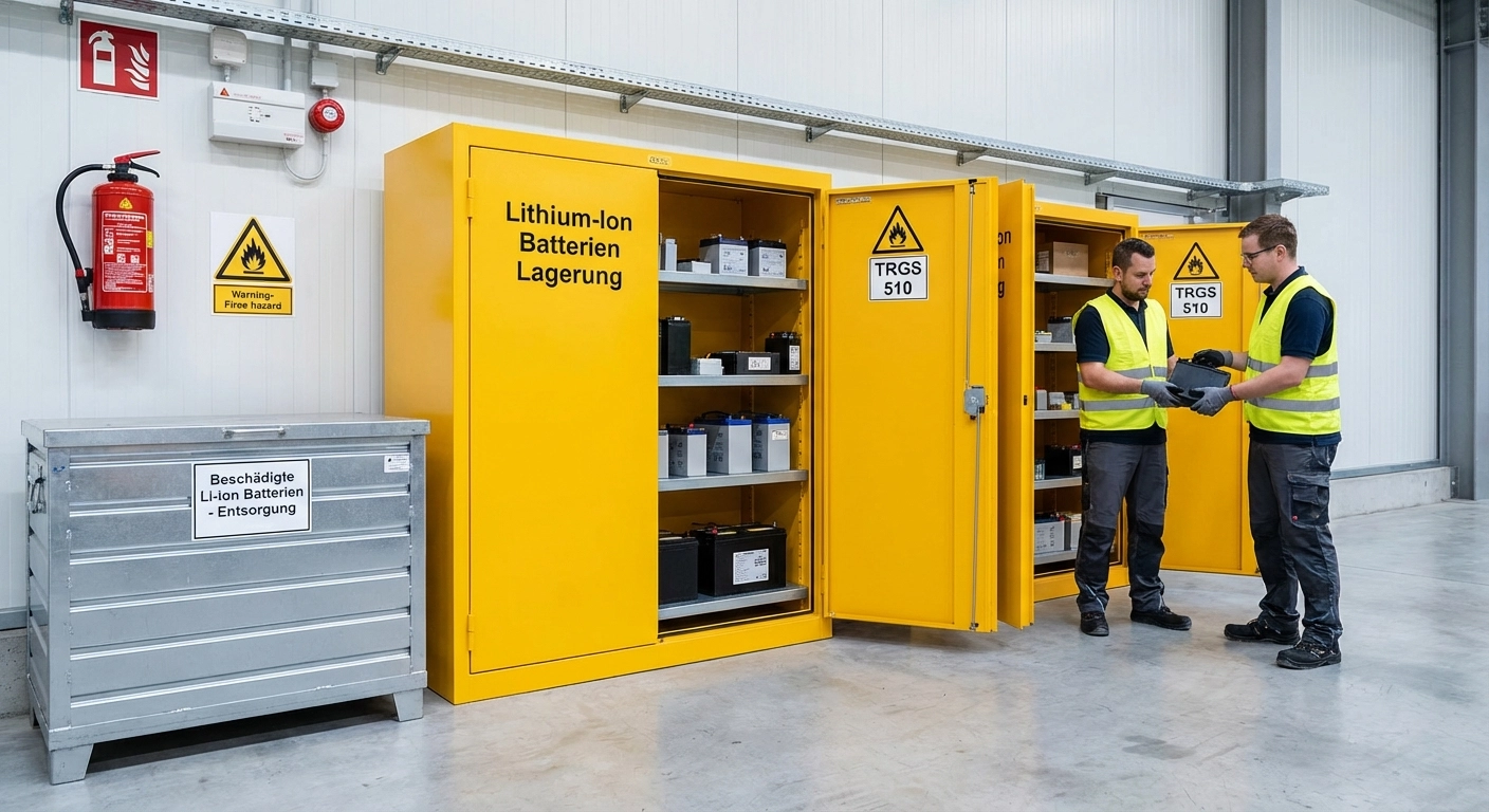 Lithium-Ionen-Batterien lagern und entsorgen 2026: ADR, TRGS, Brandschutz
