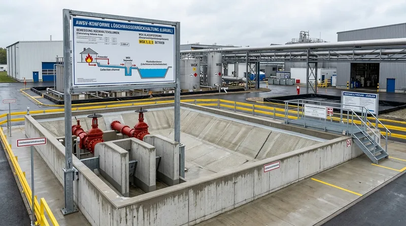 Löschwasser-Rückhaltebecken an einem Gefahrstofflager mit Absperrarmatur und Kennzeichnung nach DIN 4066
