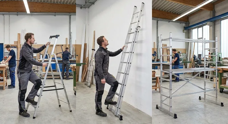 3-teilige Aluminium-Mehrzweckleiter in Stehleiter-Stellung in einer Werkstatt