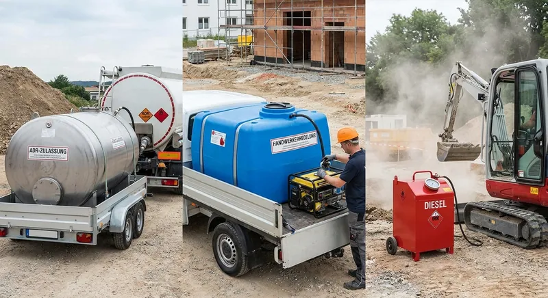 Mobile Dieseltankanlage aus Polyethylen auf der Ladefläche eines Pritschenwagens an einer Baustelle