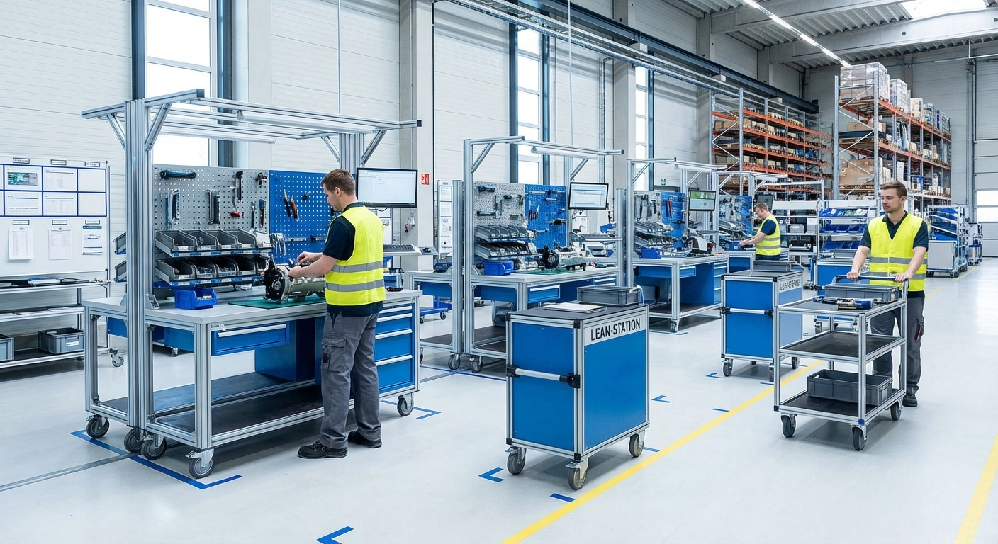 Mobile Werkbänke in der Fertigung: Fahrbare Arbeitsplätze, Montagewagen und Werkzeugwagen im Lean-Einsatz