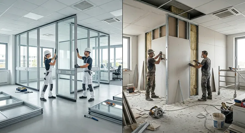 Modulares Trennwandsystem aus Stahl mit Glasfeldern in einer Industriehalle, versetzbar und wiederverwendbar