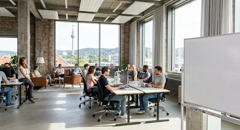Modernes New Work Bürokonzept in Stuttgart mit Multispace-Layout und Glasarchitektur