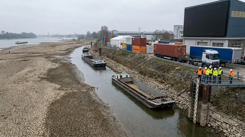 Binnenschiff mit geringem Tiefgang auf dem Rhein bei extremem Niedrigwasser, freigelegte Kiesbänke am Ufer