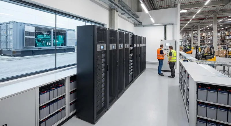 Dieselgenerator und USV-Schaltschrank in einem technischen Raum neben einer Logistikhalle