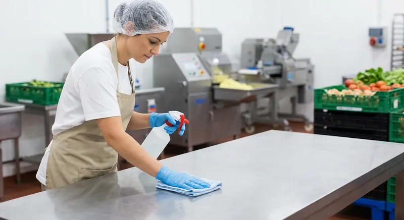 NSF-zertifizierter Reiniger wird in einem Lebensmittelproduktionsbetrieb an einer Edelstahloberfläche angewendet