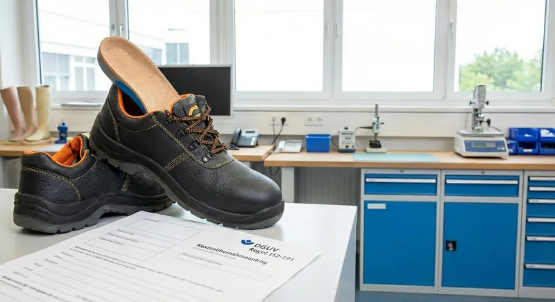 Orthopädieschuhmacher bei der Anpassung einer maßgefertigten Einlage in einem Sicherheitsschuh
