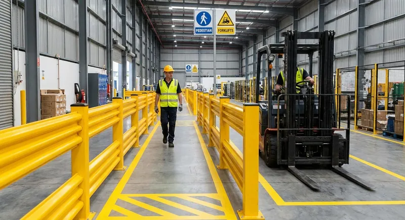 Gelbe Fußgängerbarriere trennt einen Gehweg von einer Staplerfahrspur in einer Logistikhalle