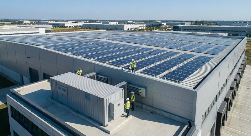 Photovoltaikanlage auf dem Flachdach einer Logistikhalle, im Hintergrund Steigleiter für den sicheren Dachzugang
