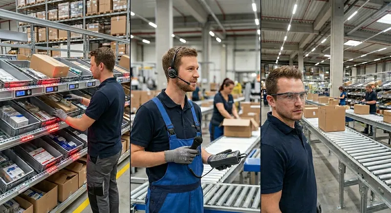 Kommissionierer mit Datenbrille, Headset und Smart Glove im modernen Lager