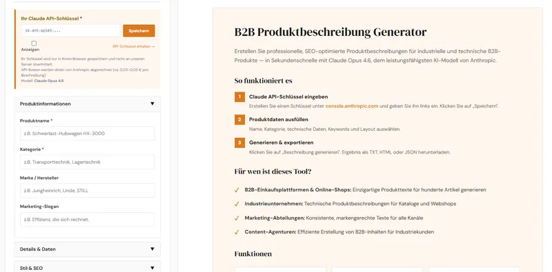 B2B-Produktbeschreibung-Generator mit Claude Opus 4.6 und Layout-Builder