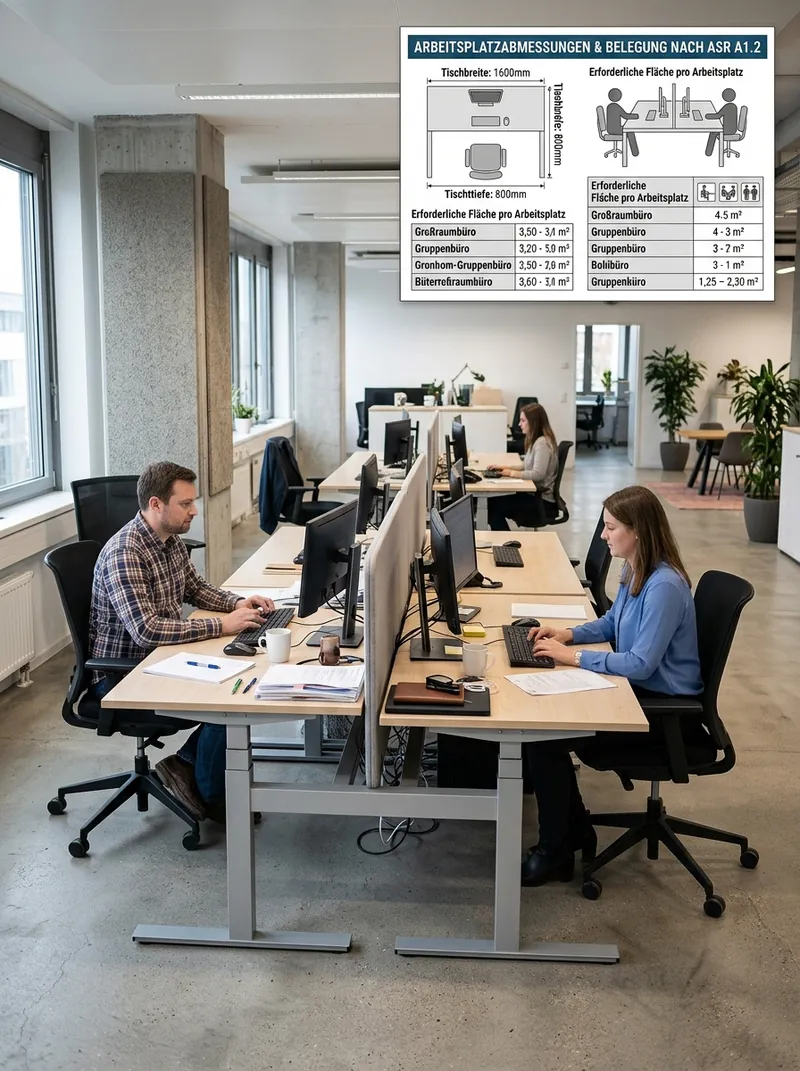 Grundriss eines Mehrpersonenbüros mit eingezeichneten Bewegungsflächen und Verkehrswegen nach ASR A1.2