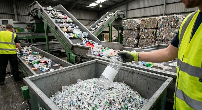 Post-Consumer-Rezyklat Granulat neben Kunststoffverpackungen in einer Produktionsumgebung