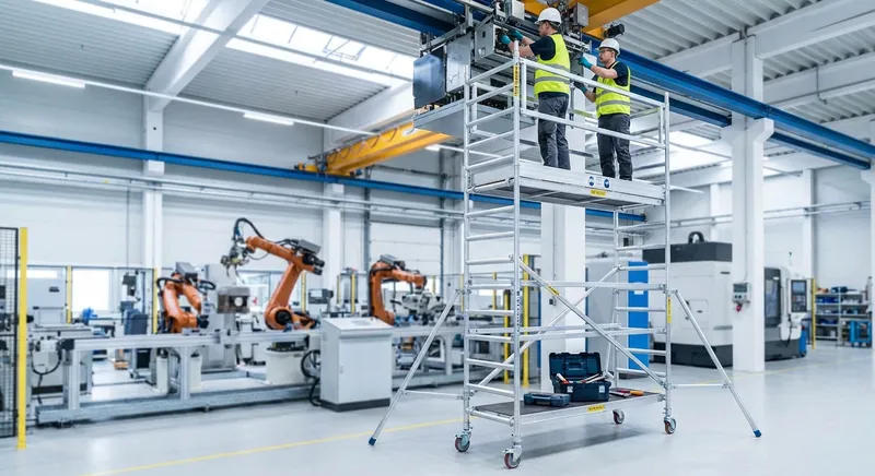 Aluminium-Rollgerüst in einer Produktionshalle, Monteur arbeitet auf der Plattform an einer Industrieanlage