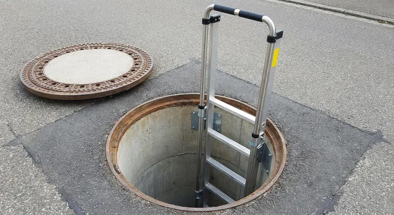 Edelstahl-Schachtleiter mit Einstiegshilfe in einem Abwasserschacht, sichtbar sind Wandhalter und rutschsichere Lochsprossen