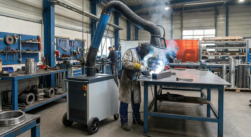 Schweißarbeitsplatz mit Punktabsaugung und mobiler Filteranlage W3 in der Metallwerkstatt