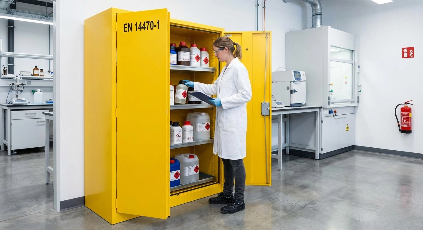 Sicherheitsschränke EN 14470 2026: Gefahrstoffe normgerecht im Arbeitsraum lagern