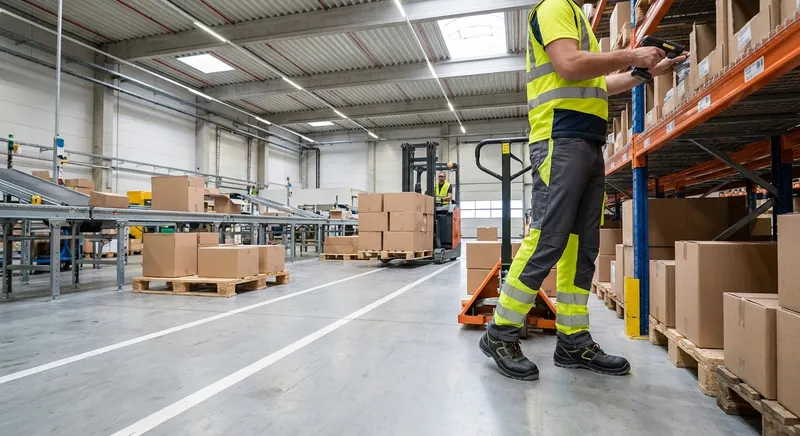 Kommissionierer mit Sicherheitsschuhen in einem Hochregallager neben einem Gabelstapler