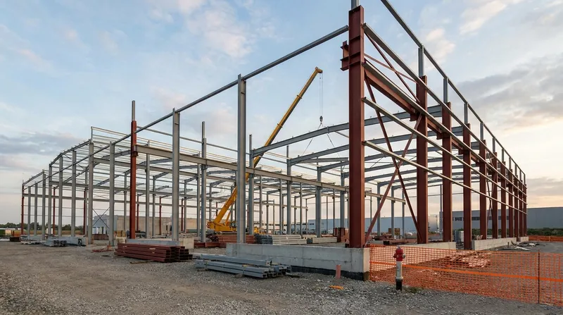 Stahltragwerk einer Industriehalle im Rohbau mit Rahmenbindern, Trapezblechdach und Sandwichfassade auf einer Betonbodenplatte