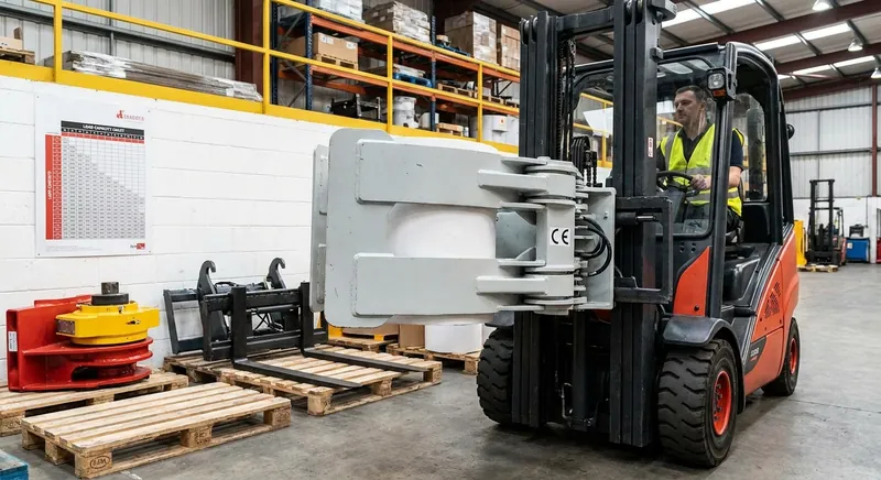 Gabelstapler mit Drehgerät und Klammergabel im industriellen Einsatz