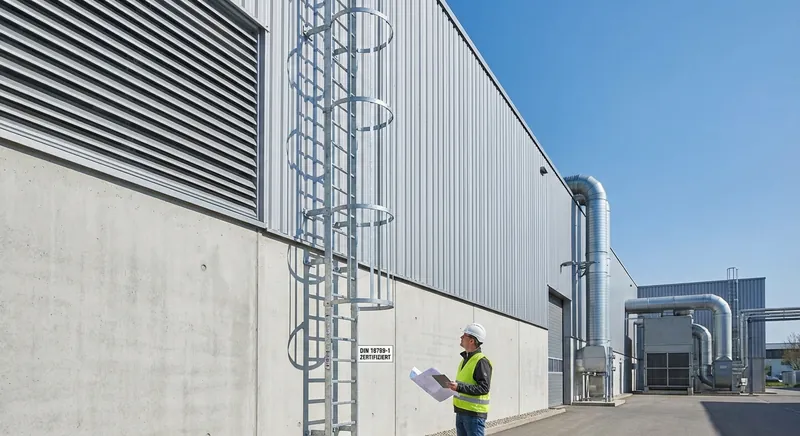 Ortsfeste Steigleiter aus Aluminium mit Rückenschutz an einer Industriehallen-Fassade, Zugang zum Flachdach