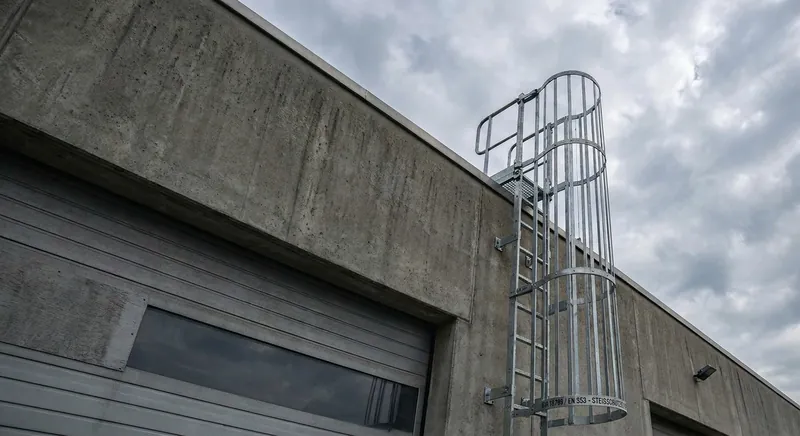 Steigleiter mit Steigschutzschiene und mitlaufendem Auffanggerät an einer Industriehalle