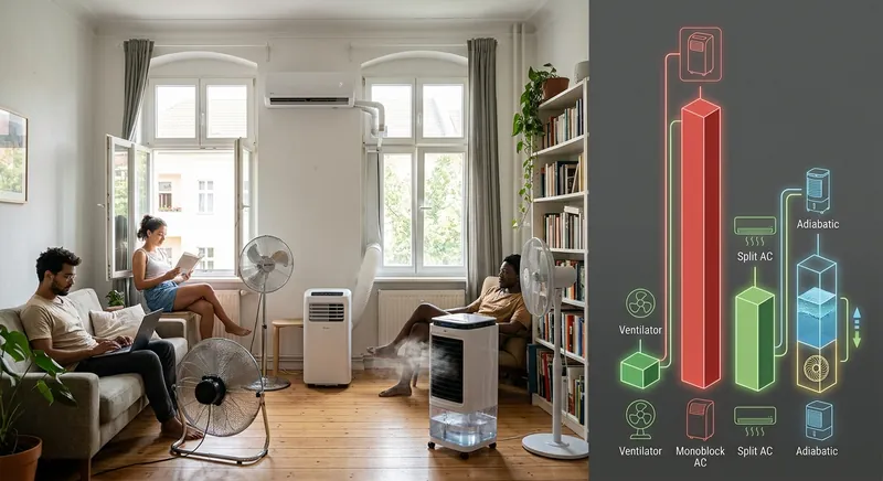 Vergleich der Stromkosten von Ventilator, Luftkühler, mobilem Monoblock-Klimagerät, Split-Klimaanlage und adiabatischer Kühlung als Balkendiagramm