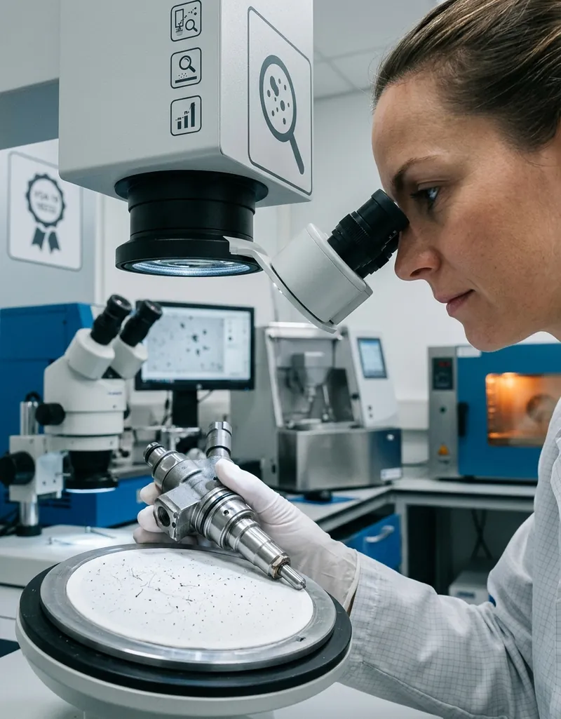 Membranfilter mit extrahierten Partikeln unter dem Mikroskop zur Restschmutzanalyse nach VDA 19 in einem Sauberkeitslabor