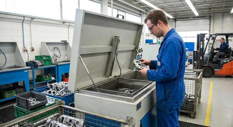 Einkaufsverantwortlicher prüft Vertrag für Teilereinigungssystem neben einem Pinselwaschtisch