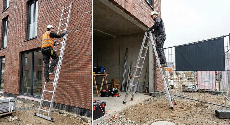 Aluminium-Teleskopleiter zusammengeschoben neben einer ausgezogenen Teleskopleiter an einer Fassade