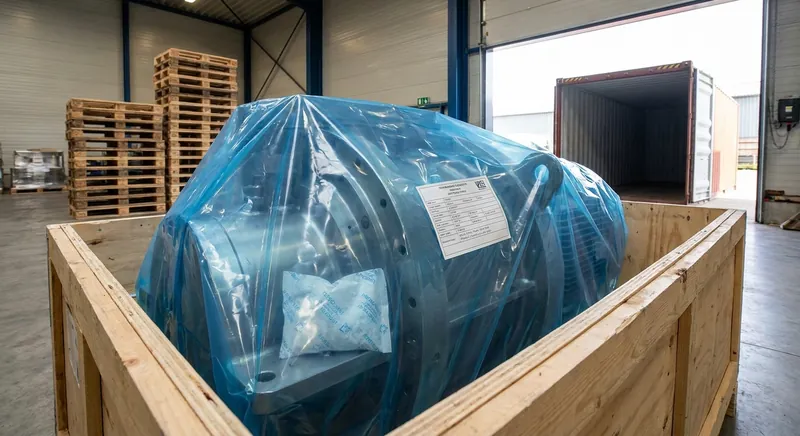 VCI-Folie mit Korrosionsschutzpapier und VCI-Spender bei der Maschinenverpackung im Industriebetrieb