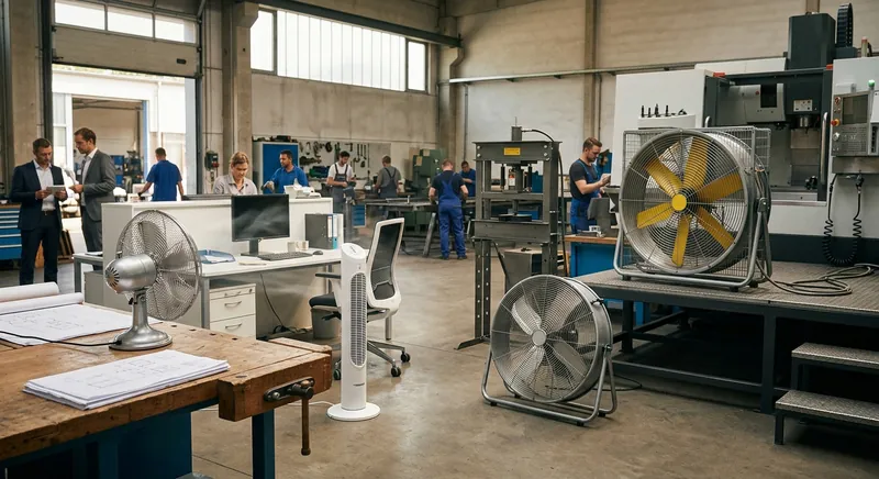 Verschiedene Ventilatortypen nebeneinander: Tischventilator, Standventilator, Bodenventilator und Industrie-Trommelventilator