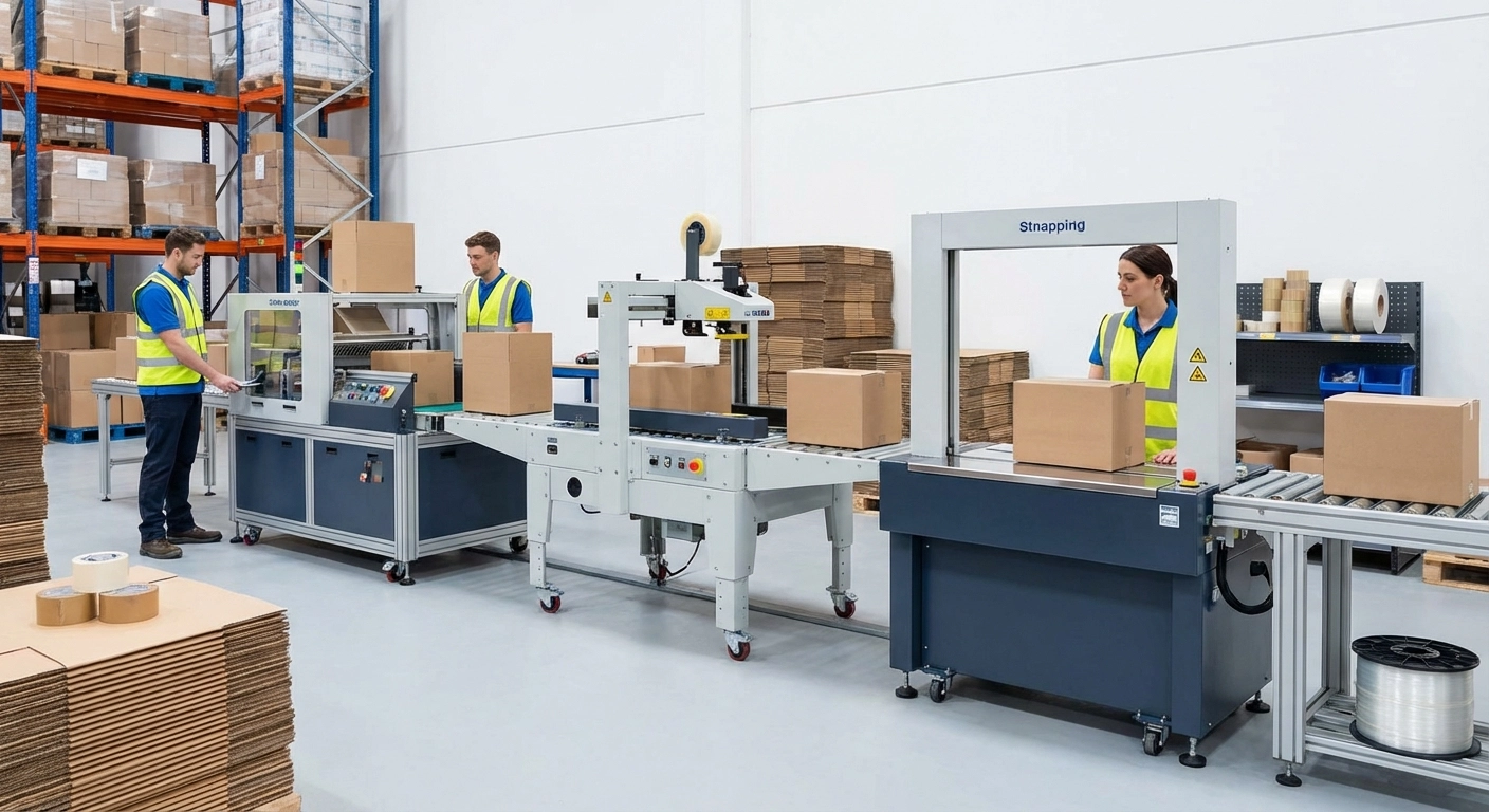 Verpackungsmaschinen für KMU: Kartonaufrichter, Verschließer, Umreifer, Stretchwickler und Polstermaschinen