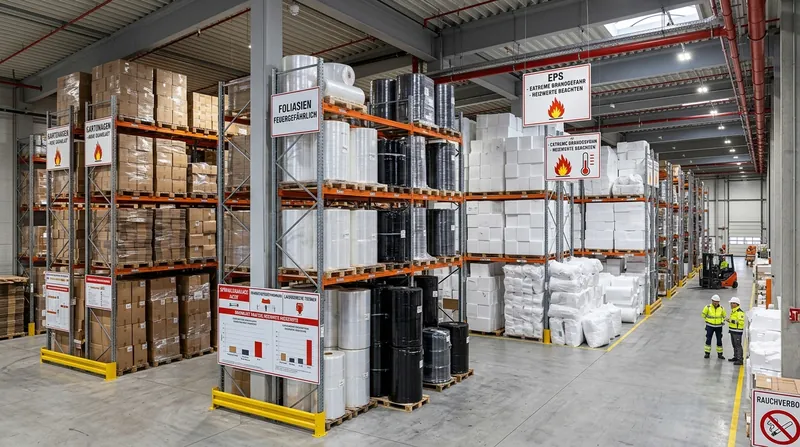 Gestapelte Kartonagen, Stretchfolienrollen und Leerpaletten in einem Lagerbereich für Verpackungsmaterial