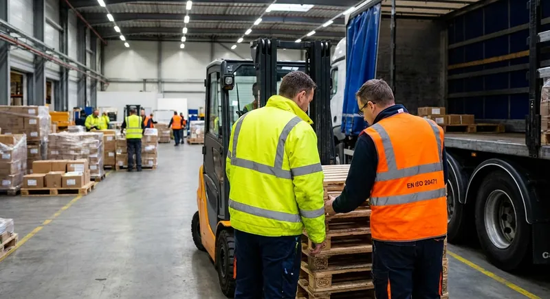 Lagerarbeiter in gelber Warnschutzkleidung Klasse 3 auf einem Verladehof neben einem Lkw