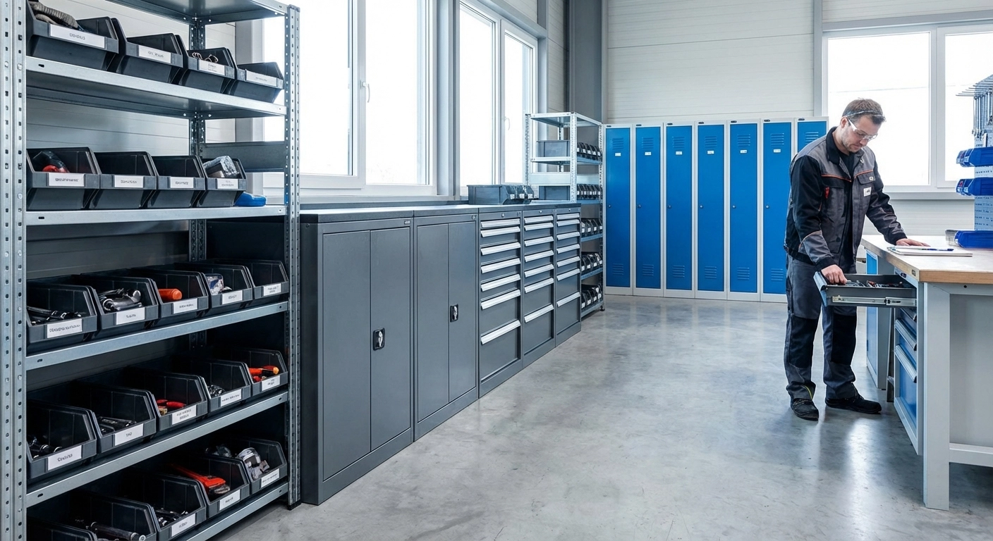 Werkstatt richtig einrichten: Regalsysteme, Werkzeugschränke und Spinde für Industriebetriebe