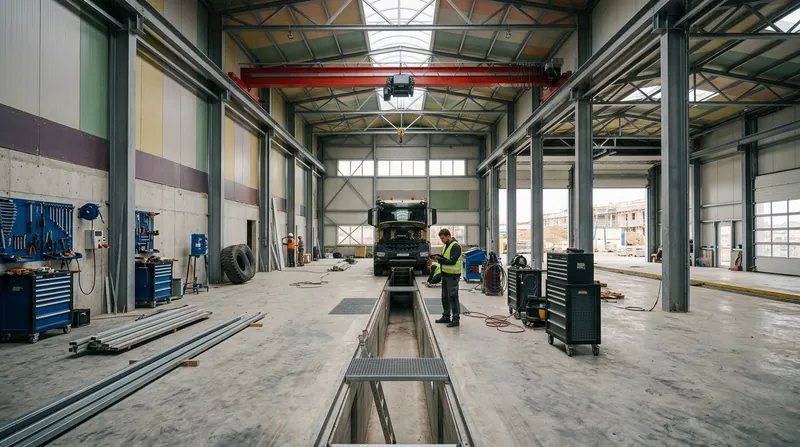 Innenansicht einer Werkstatthalle mit Brückenkran, Arbeitsgrube und Werkbänken entlang der Wand