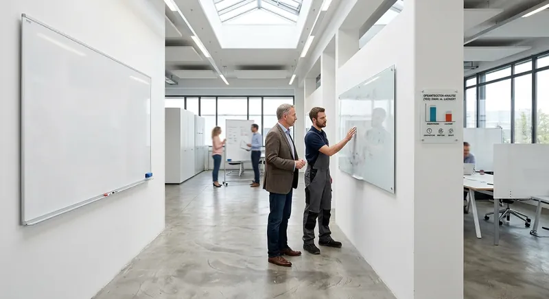 Whiteboard mit emaillierter Oberfläche in einem Besprechungsraum, beschrieben mit Projektplanung und Notizen